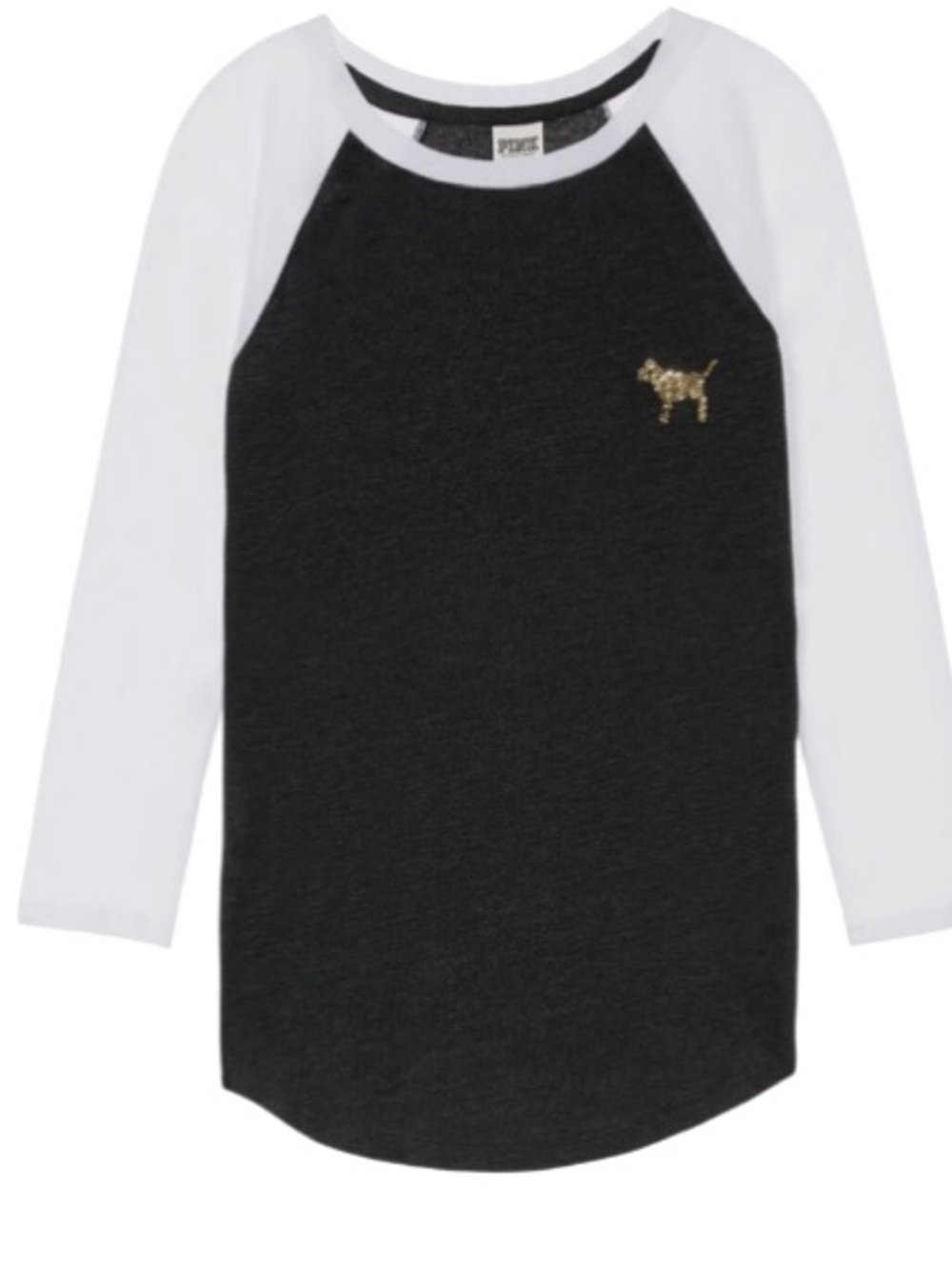 PINK Victoria's Secret Black Body White Raglan Long Sleeve Tee. Size XS. Sequin